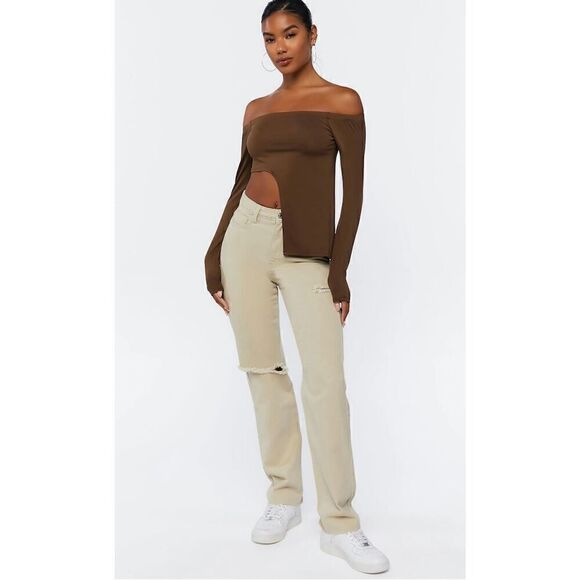 Forever 21 Unique Asymmetrical Off The Shoulder Top Brown Size Large - Picture 1 of 9